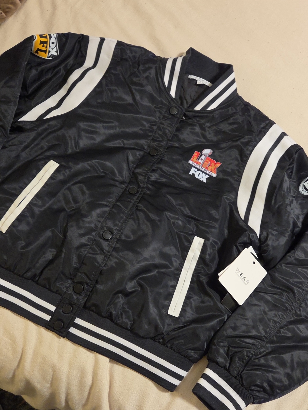 Superbowl LIX FOX Black Bomber Jacket with White Stripe Accents